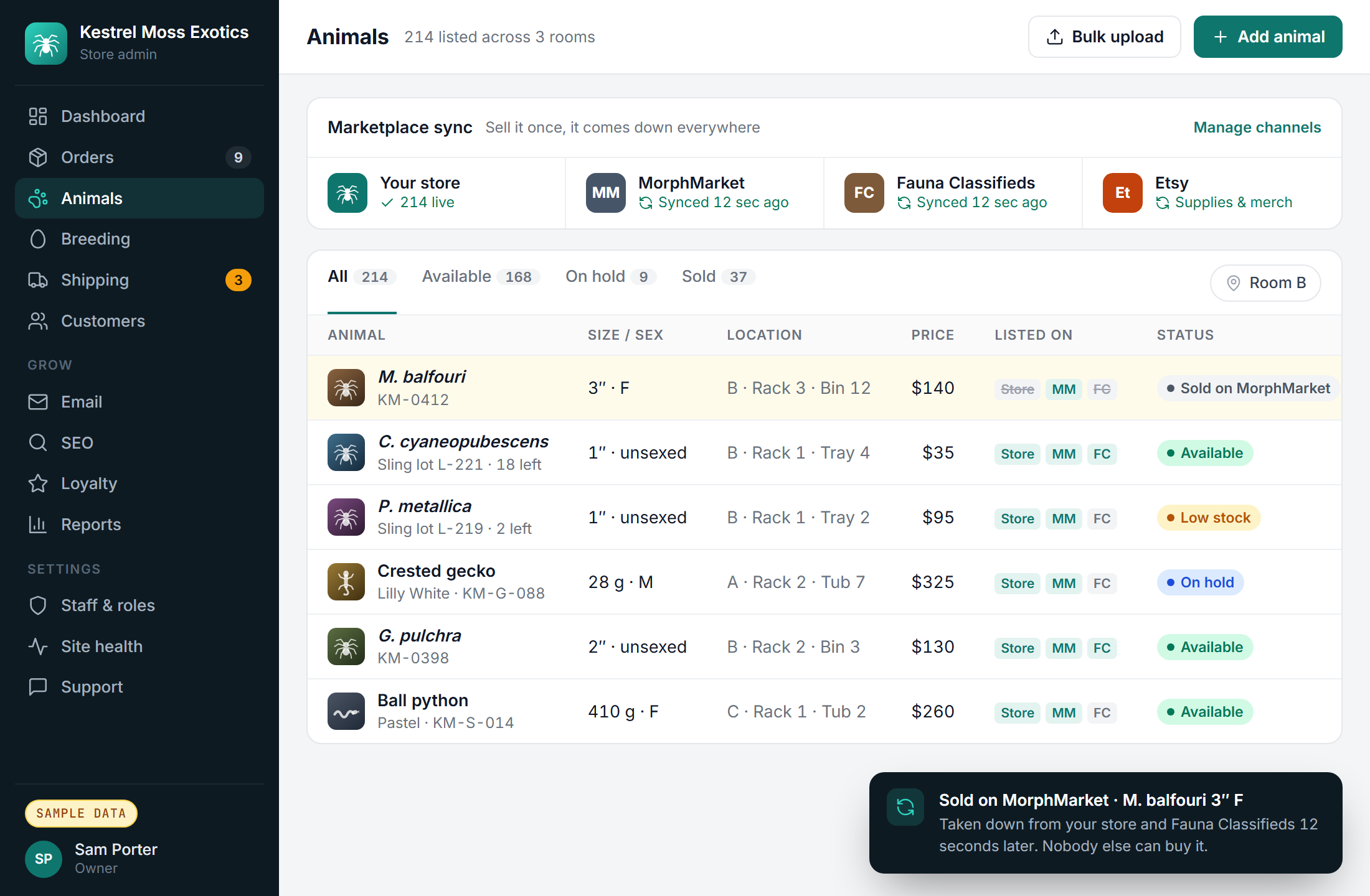 Sample inventory list with MorphMarket, Fauna Classifieds, and Etsy sync status, rack locations for each animal, and a notice that a sold animal was removed from other channels