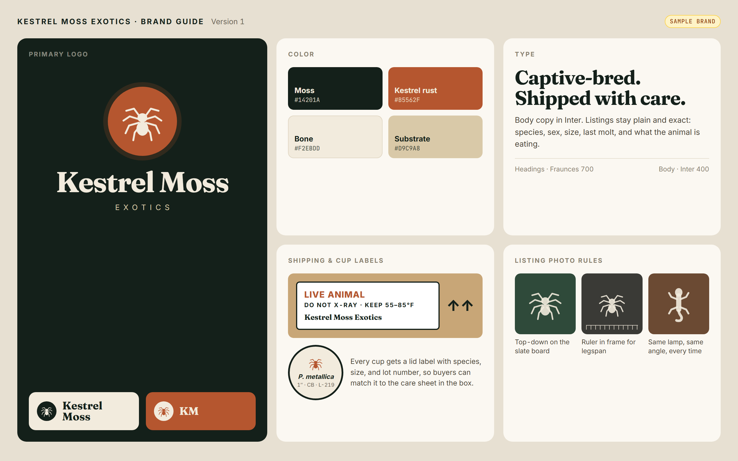 Sample brand guide with logo, colors, labels, and photo rules