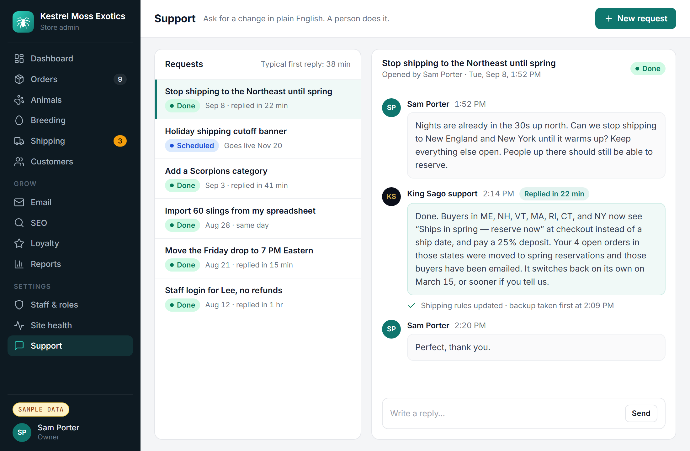 Sample support thread where a shipping rule change is completed