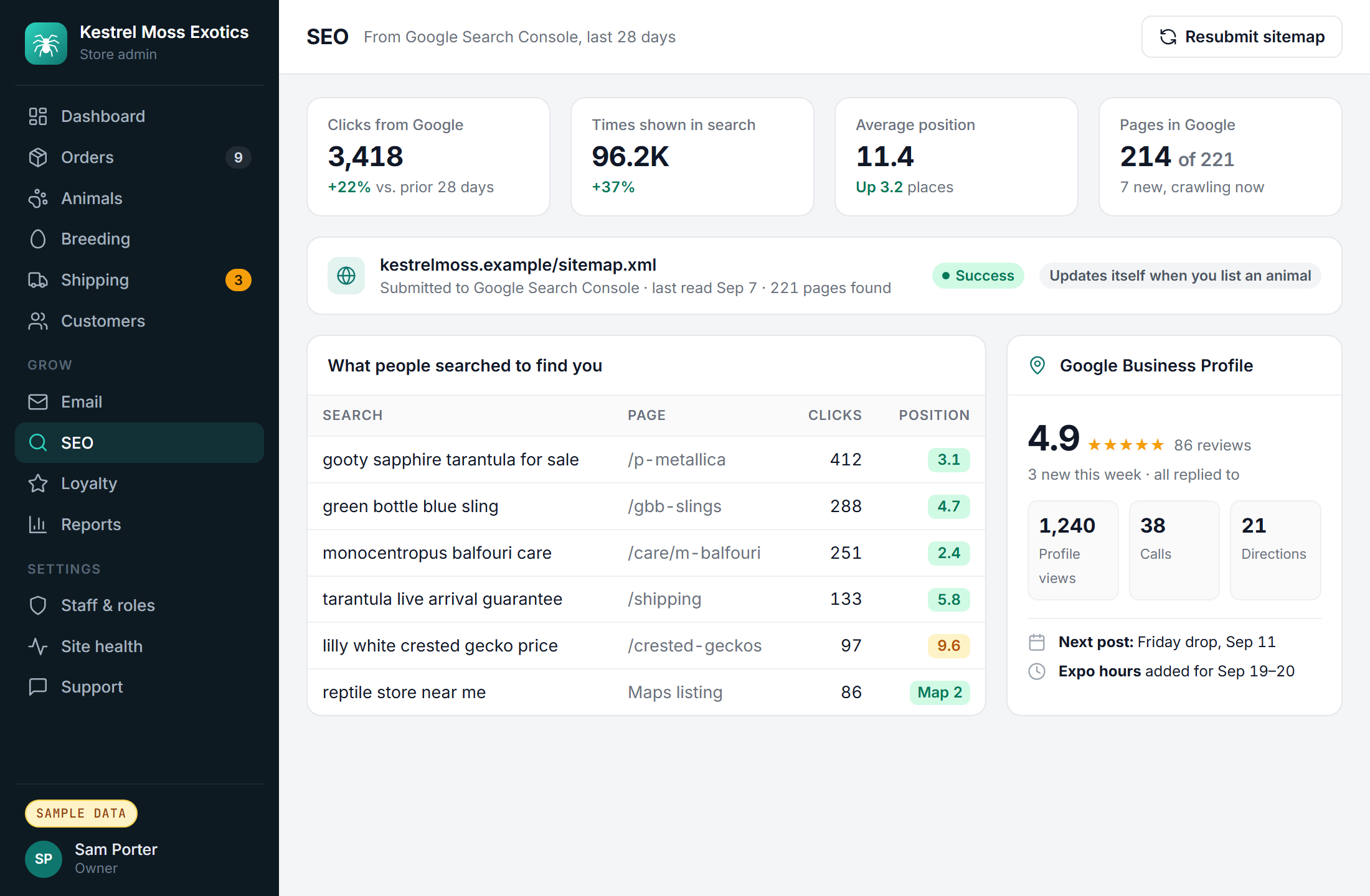 Sample SEO screen with Google clicks and positions, a sitemap submitted successfully, top searches like gooty sapphire tarantula for sale, and Google Business Profile reviews