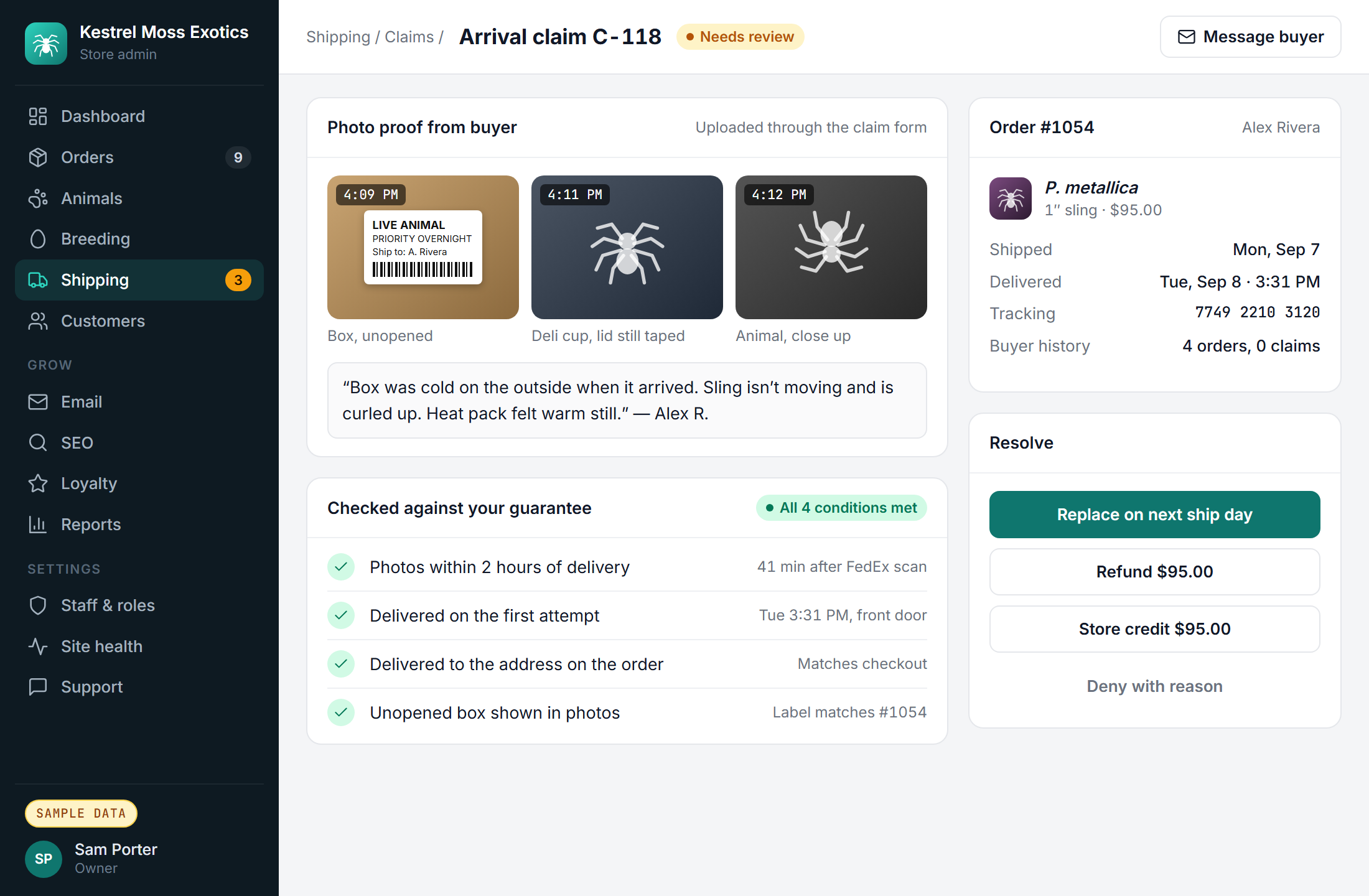Sample live arrival claim with buyer photos, four guarantee conditions checked, and options to replace, refund, or give store credit