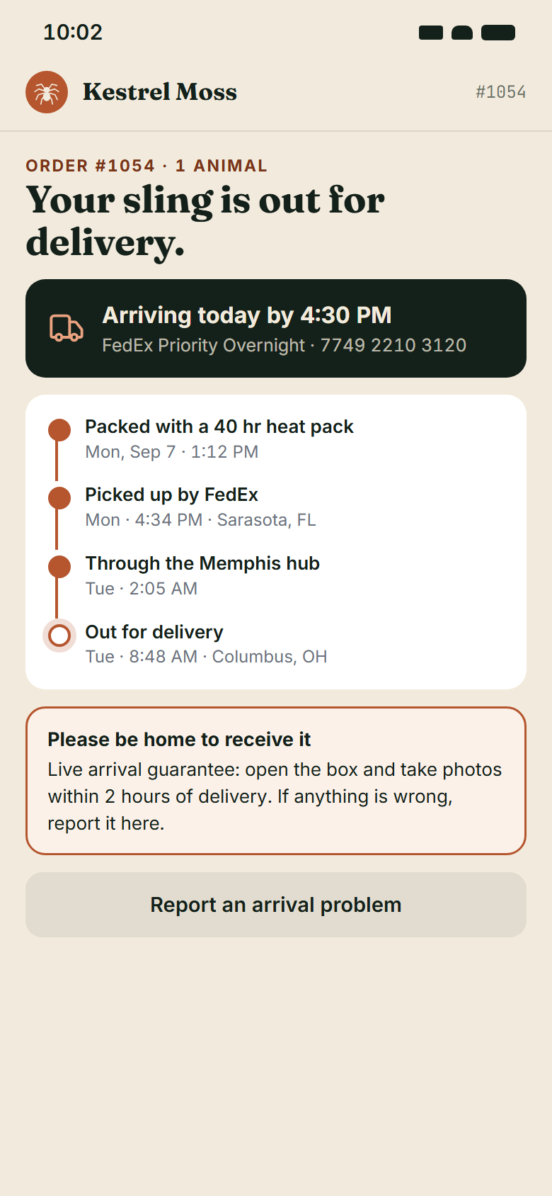 Sample tracking page on a phone showing a sling out for delivery, a delivery timeline, and live arrival guarantee instructions