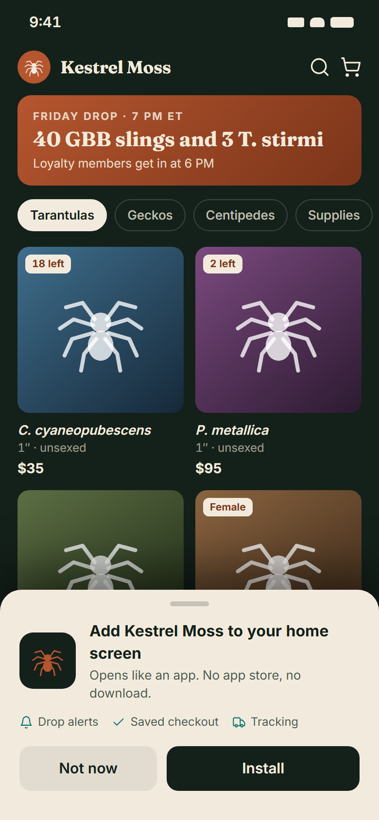 Sample storefront on a phone with tarantula listings and an install prompt