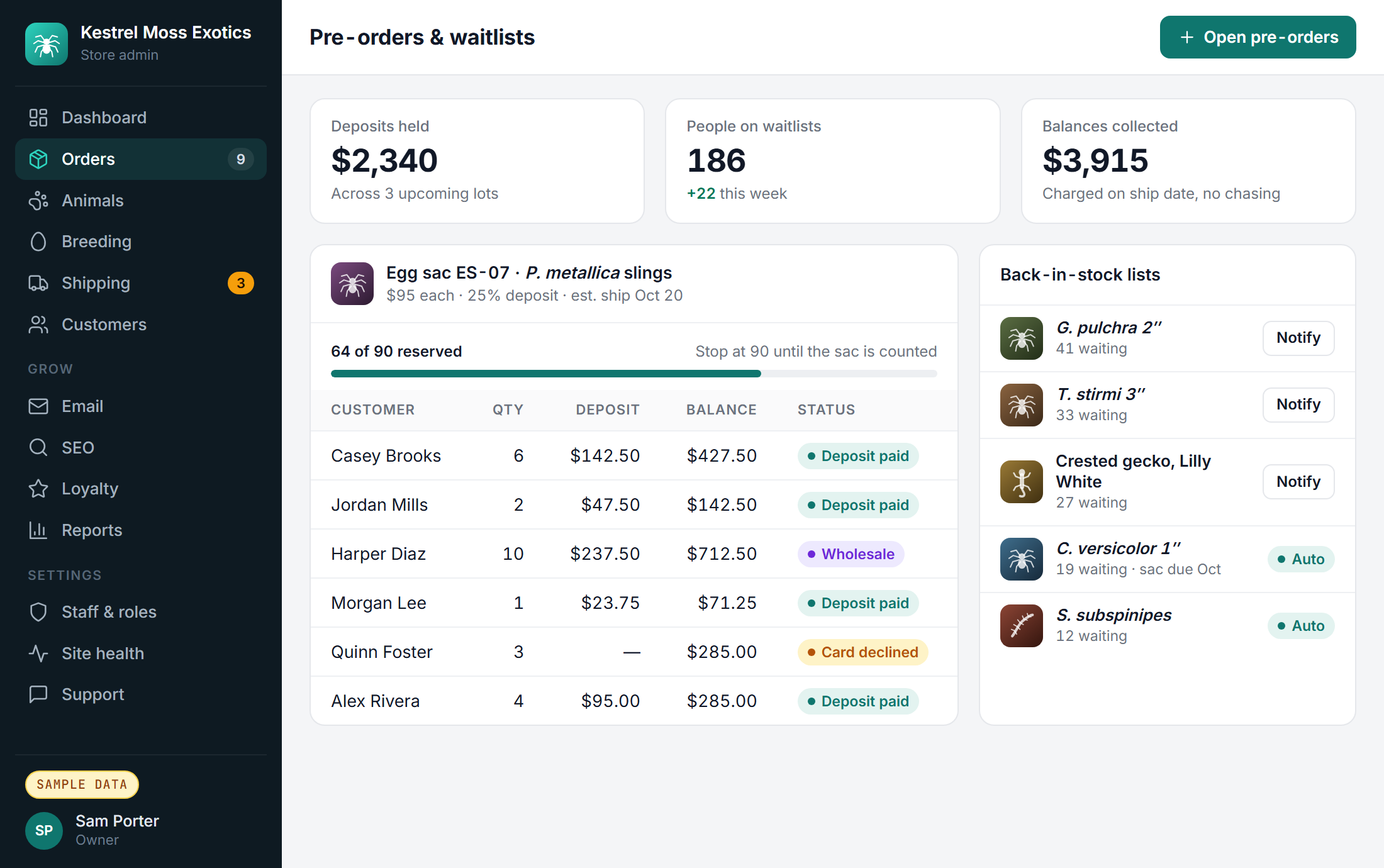 Sample pre-orders screen showing deposits held, 64 of 90 slings reserved from an egg sac, and back-in-stock waitlists